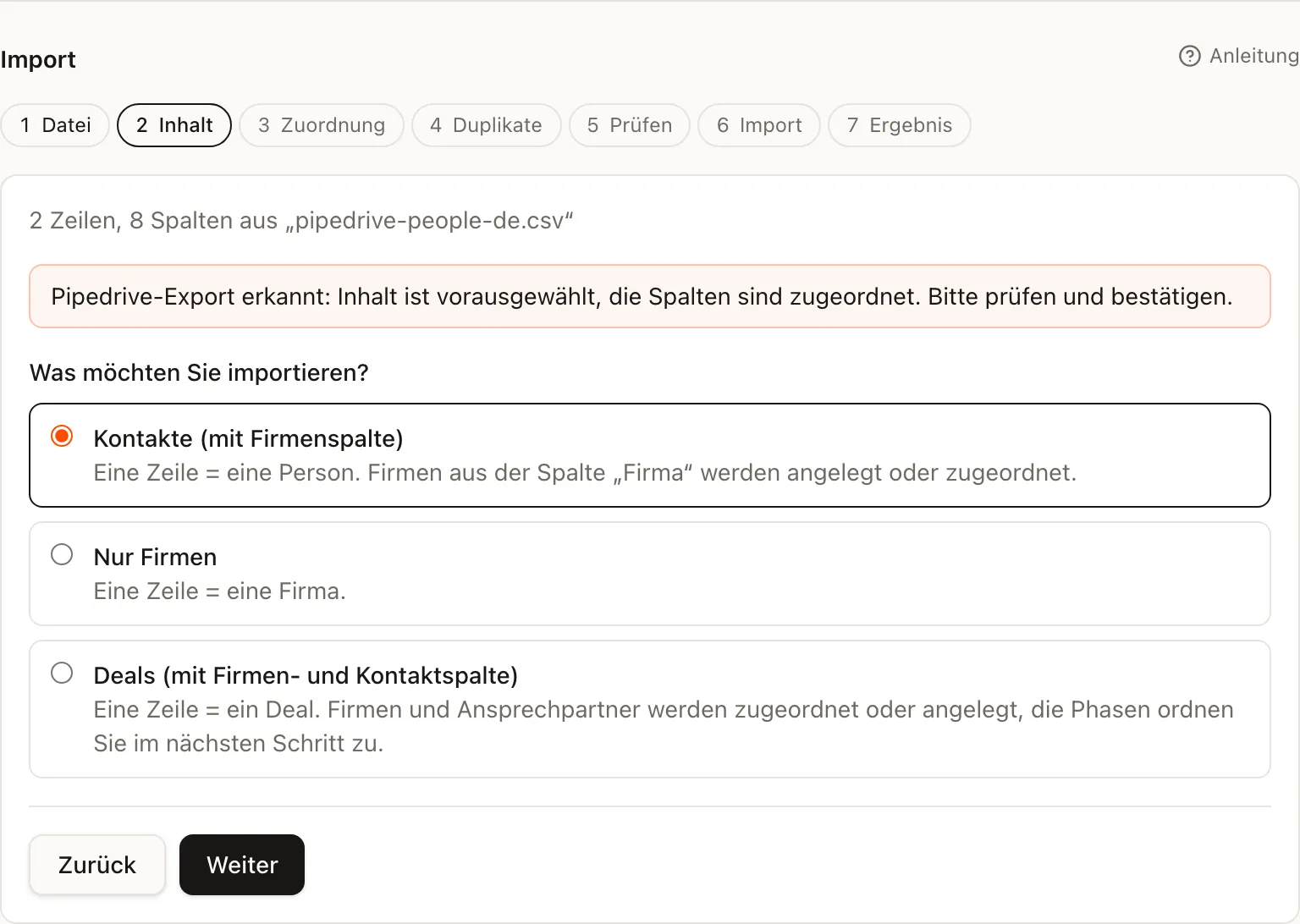 Ein Pipedrive-Export wird erkannt