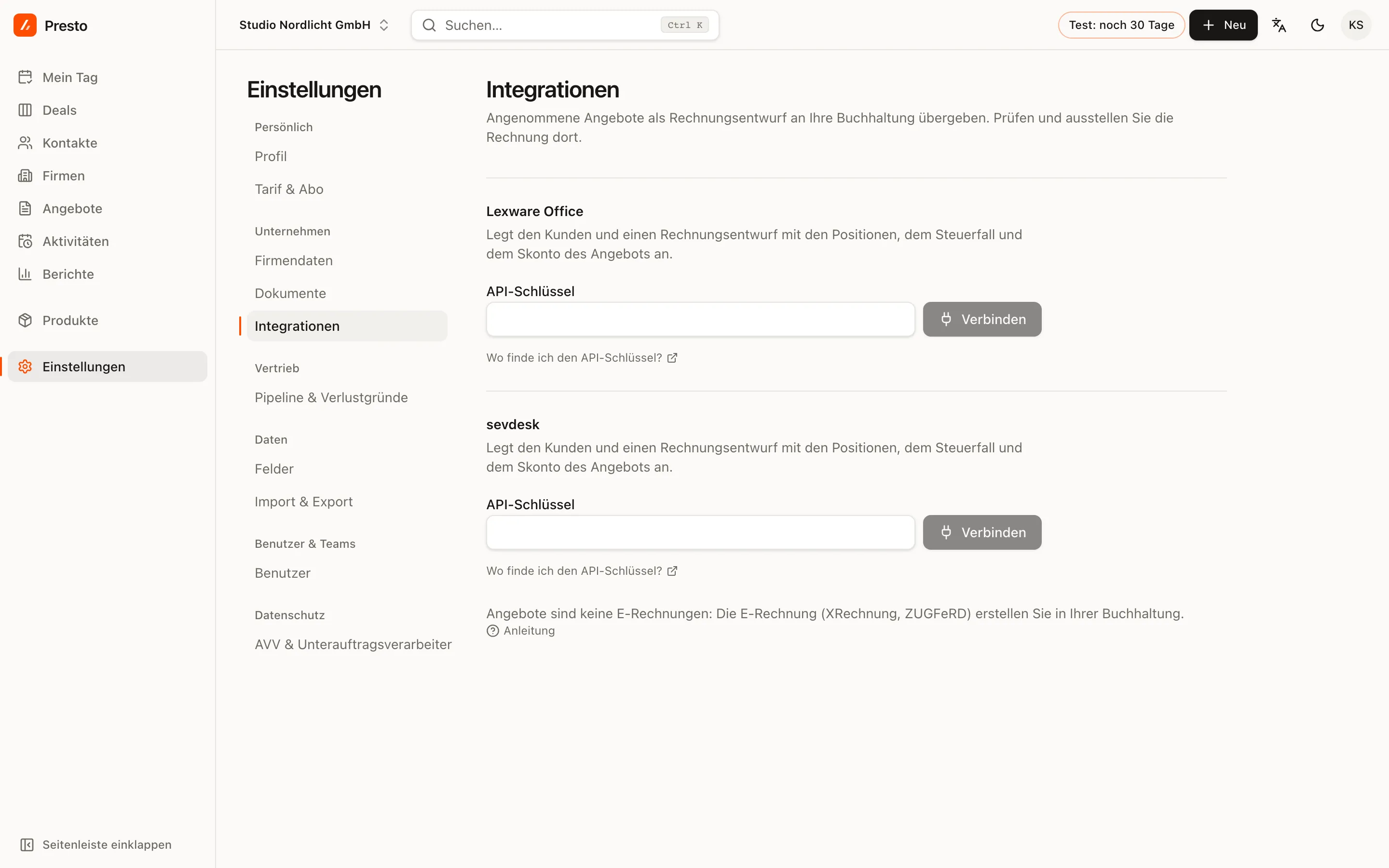 Einstellungen → Integrationen