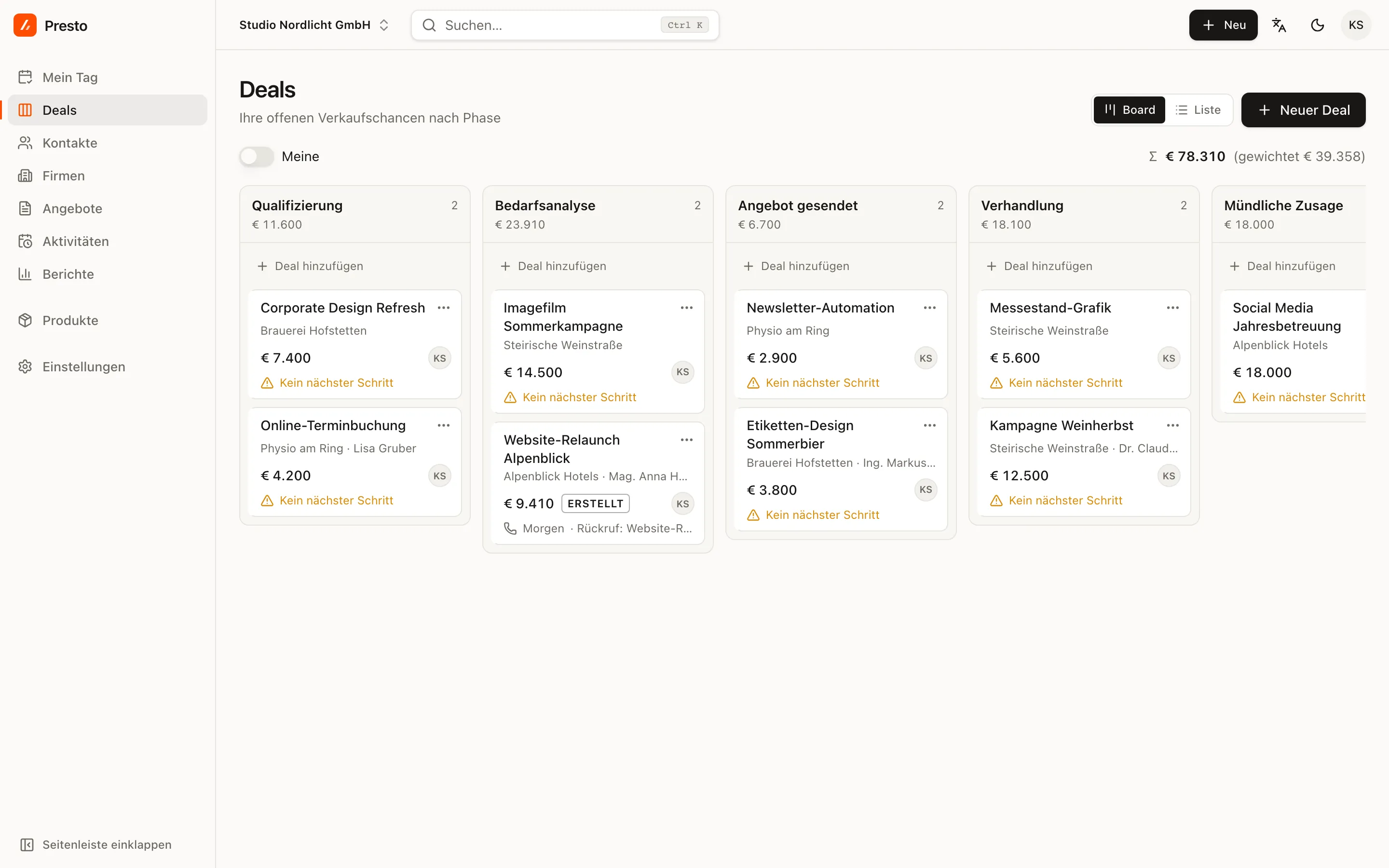 Die Deal-Pipeline in PrestoCRM: Phasen von Qualifizierung bis Mündliche Zusage mit Deals von Agentur-Kunden