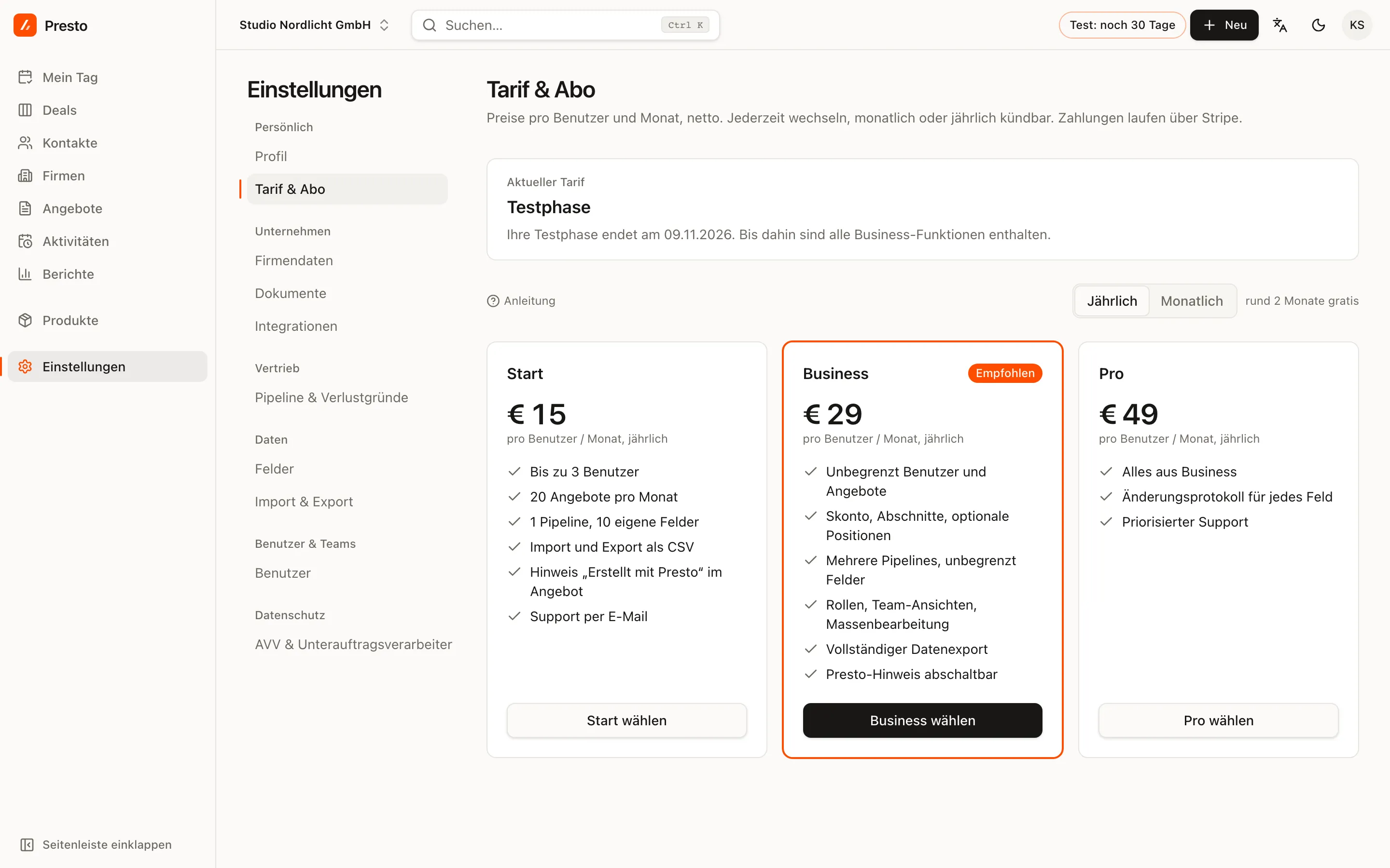 Einstellungen → Tarif & Abo